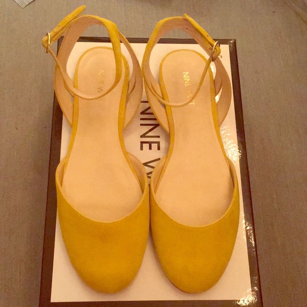 Yellow suede ankle strap flats
